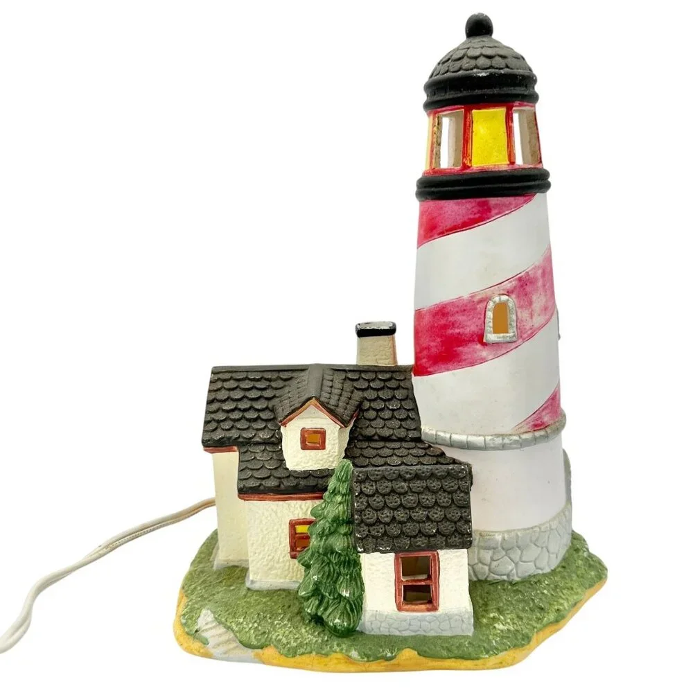 Lighthouse With Cottage Table Lamp Decoration With Lightbulb and Switch 10 x 8